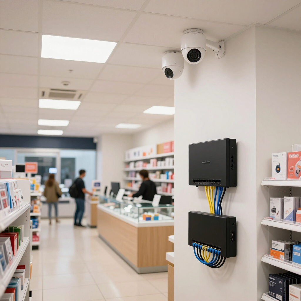 Retail store interior with shelves, counters, and wall-mounted network equipment in the foreground