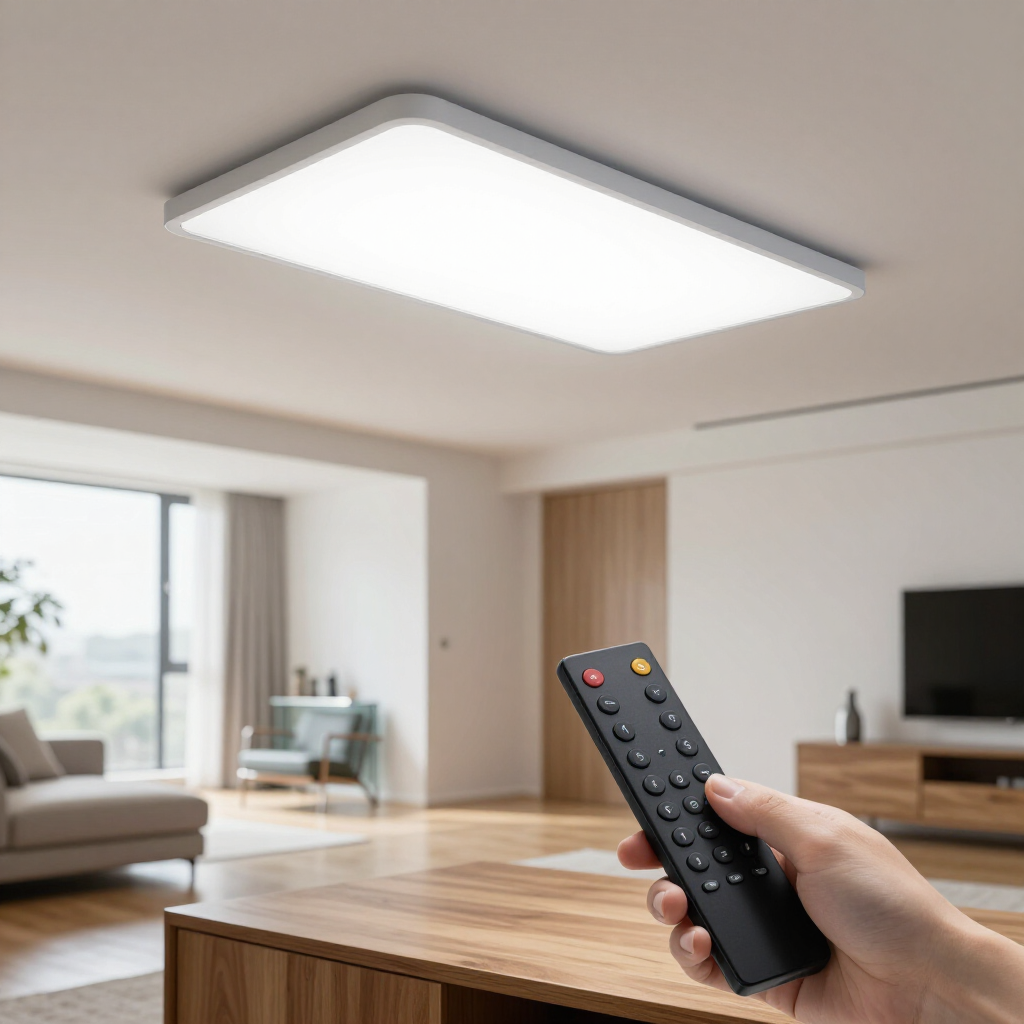 Hand holding a remote in a modern living room with a ceiling light and TV.