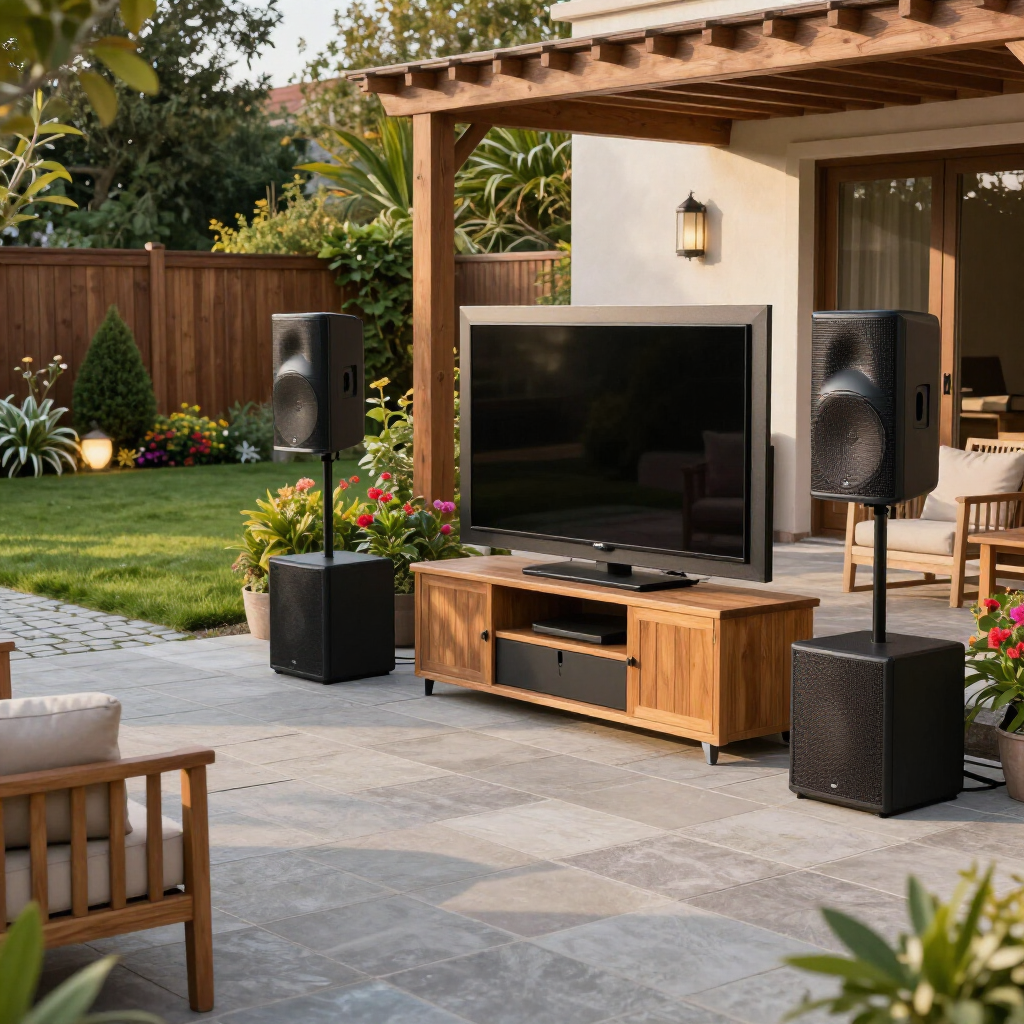Outdoor patio with TV on wooden stand, black speakers, and seating under a pergola in a landscaped yard