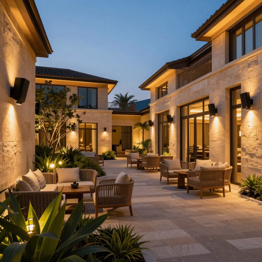Luxurious courtyard patio at dusk with warm lights, wicker seating, and stone pathways between villa buildings