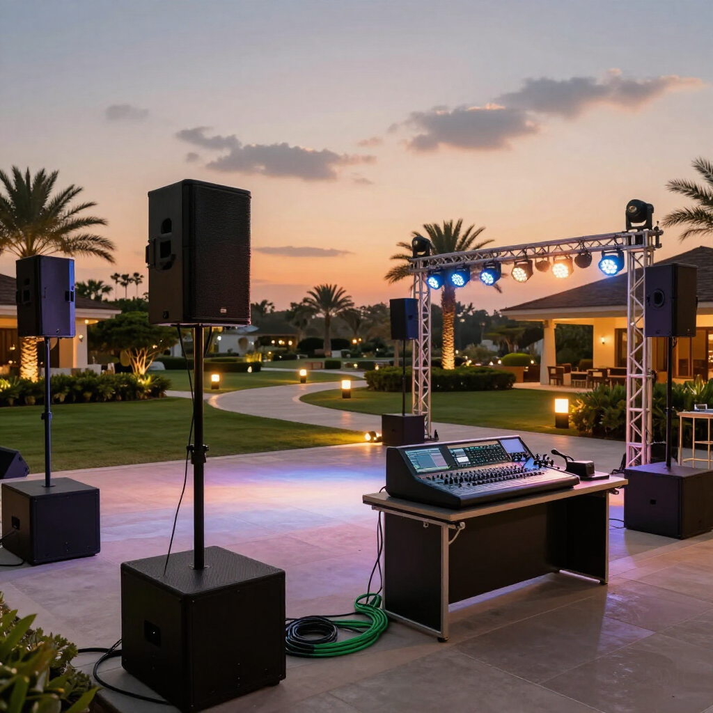 Outdoor concert stage at dusk with speakers, lighting rig, and sound mixer overlooking a park lawn