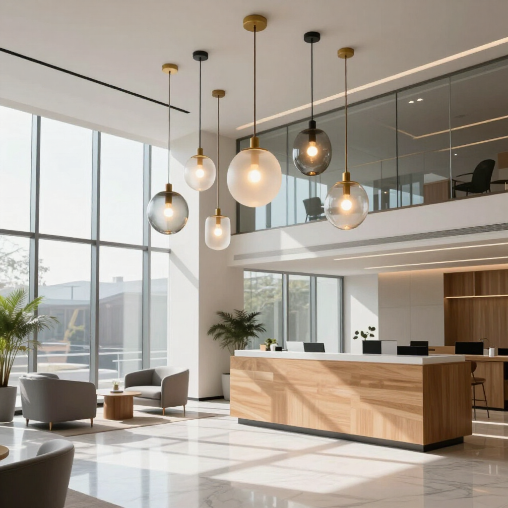 Bright modern hotel lobby with hanging globe lights, a wooden reception desk, and large windows.