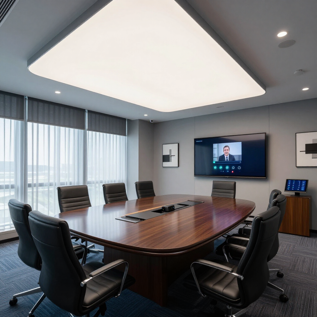 Modern conference room with oval wood table, black chairs, wall-mounted TV, and large window blinds