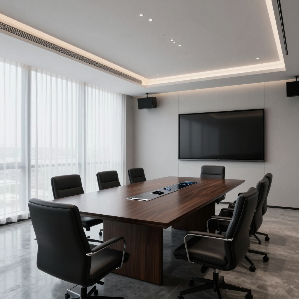 Modern conference room with a large wooden table, black chairs, wall-mounted screen, and floor-to-ceiling windows