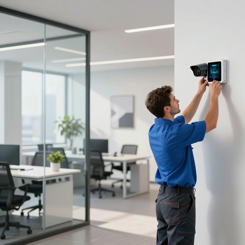 Technician mounting a security control panel on a white office wall in a modern workspace