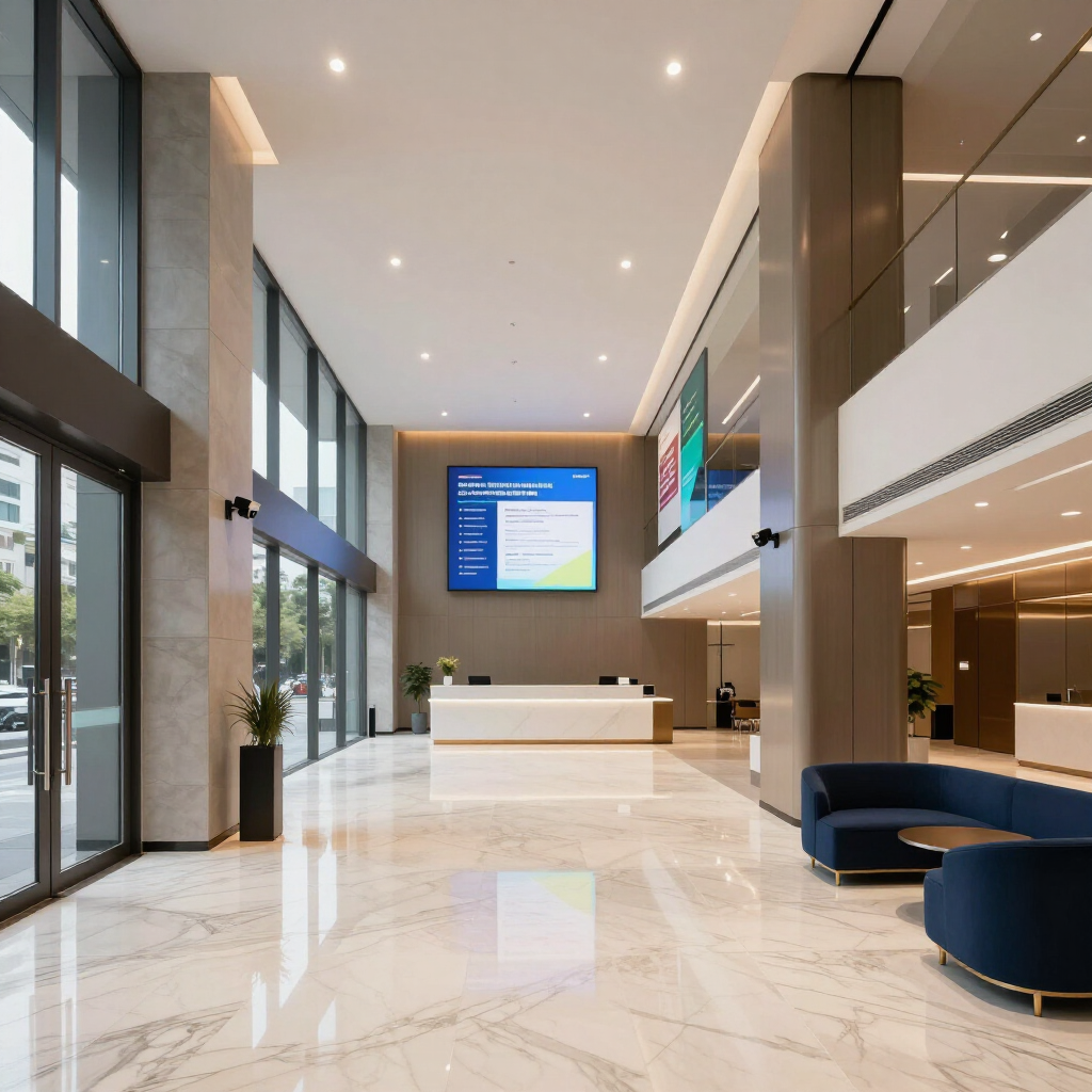 Modern lobby with marble floors, tall windows, reception desk, digital display, and blue seating