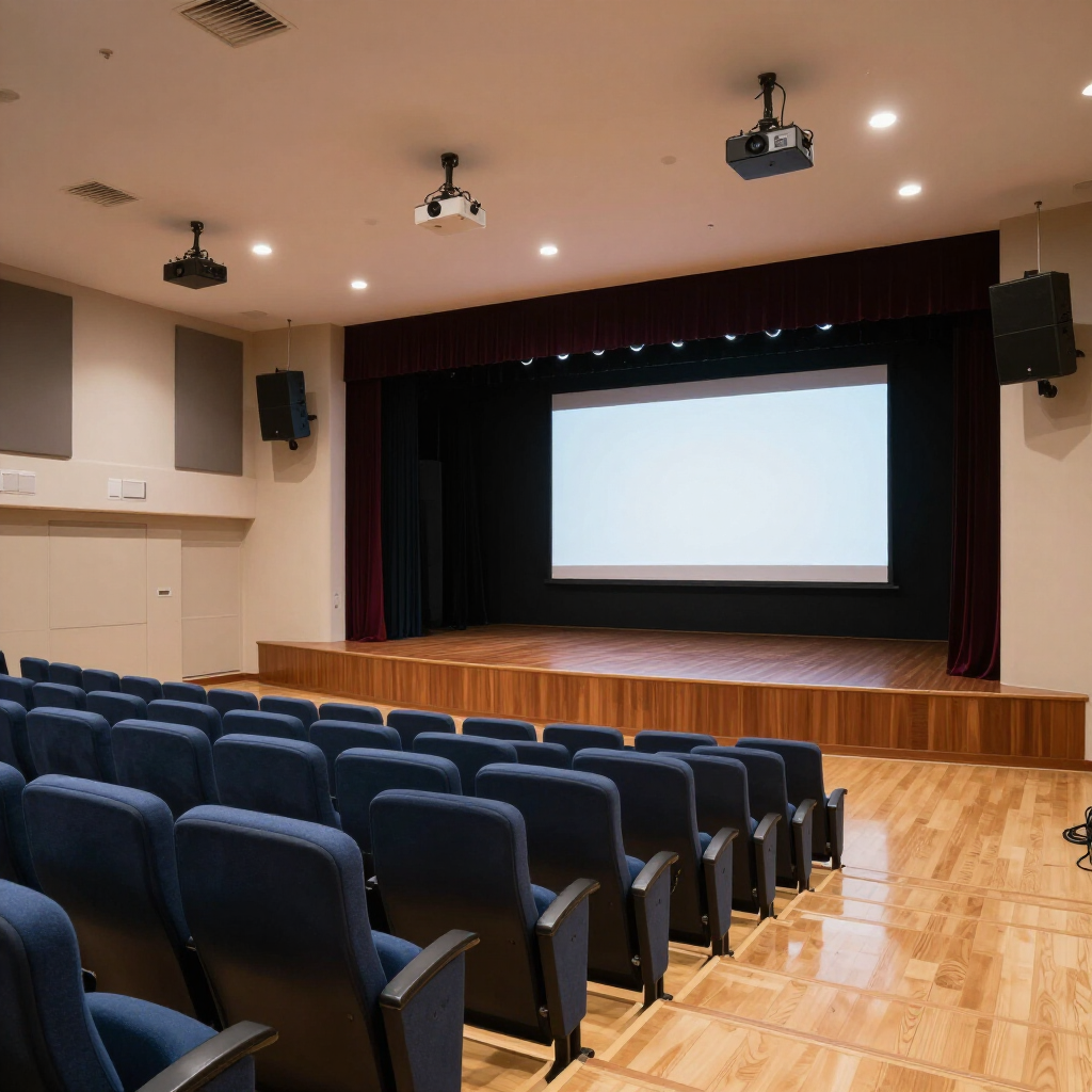 Empty theater with blue seats facing a stage and large projection screen