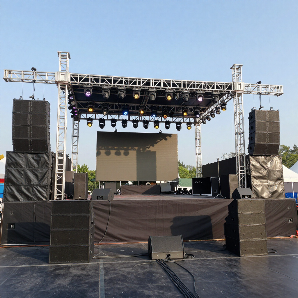 Empty outdoor concert stage with black speakers, lighting rig, and large screen under a clear sky