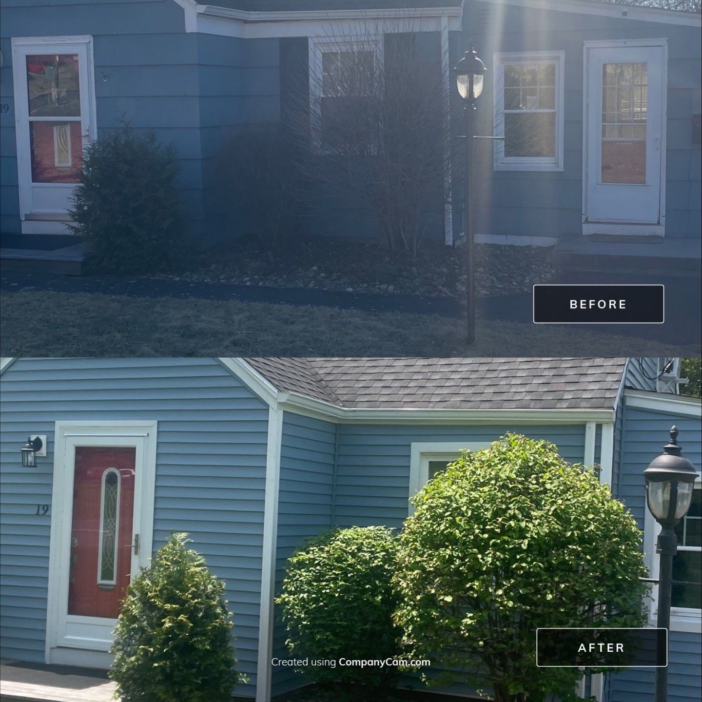 Before and after photos of a house exterior showing new landscaping, a red door, and updated blue siding.