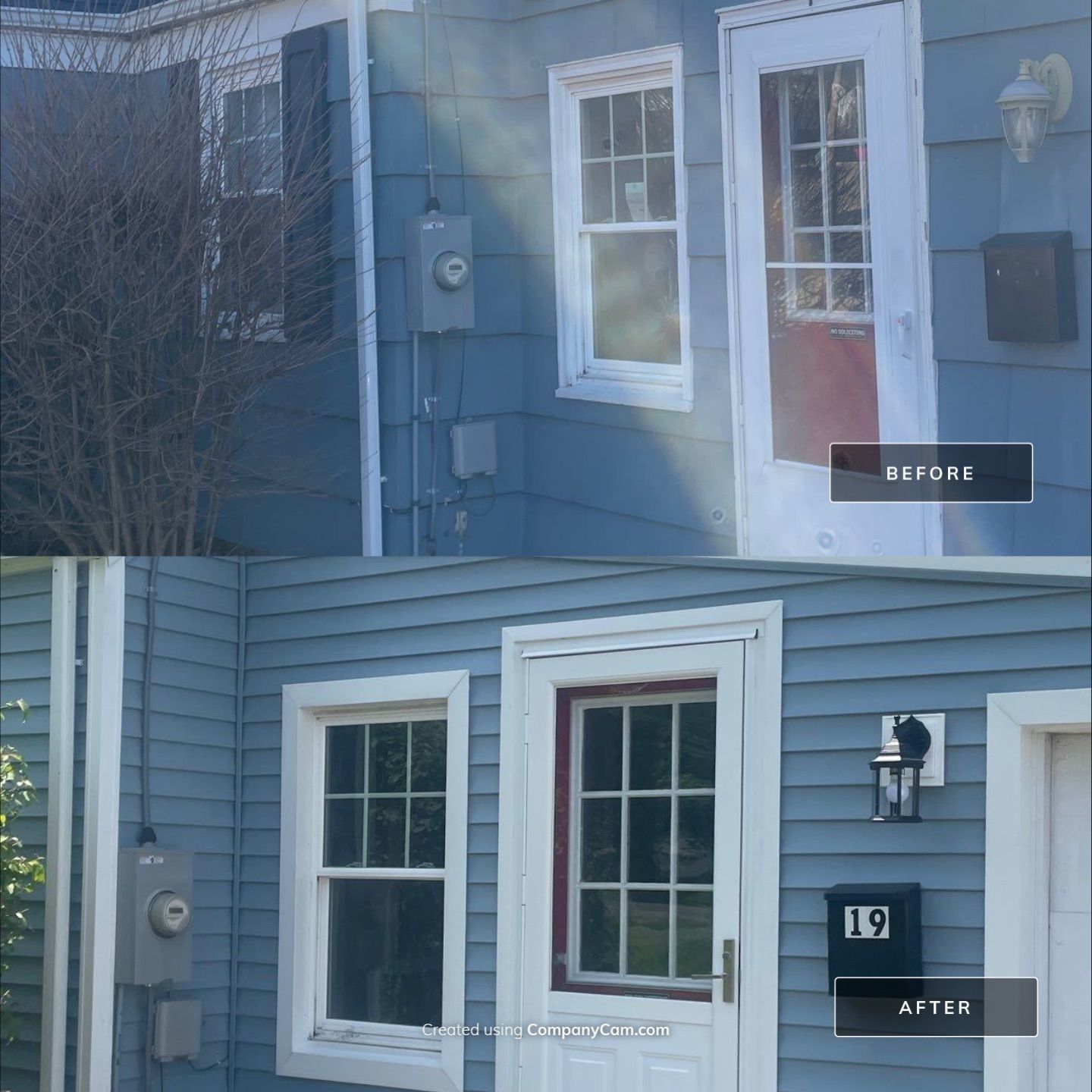 Before and after photos of a blue house exterior showing new, modern lighting fixtures and a house number sign.
