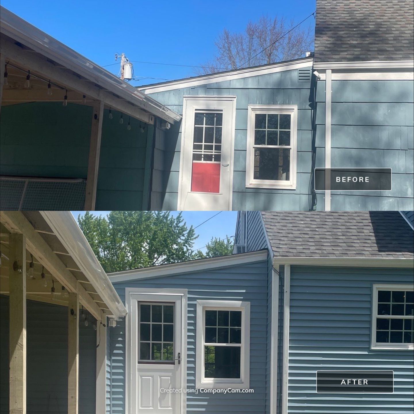 Before and after comparison of a blue house wall, featuring a replaced white door and updated window trim.
