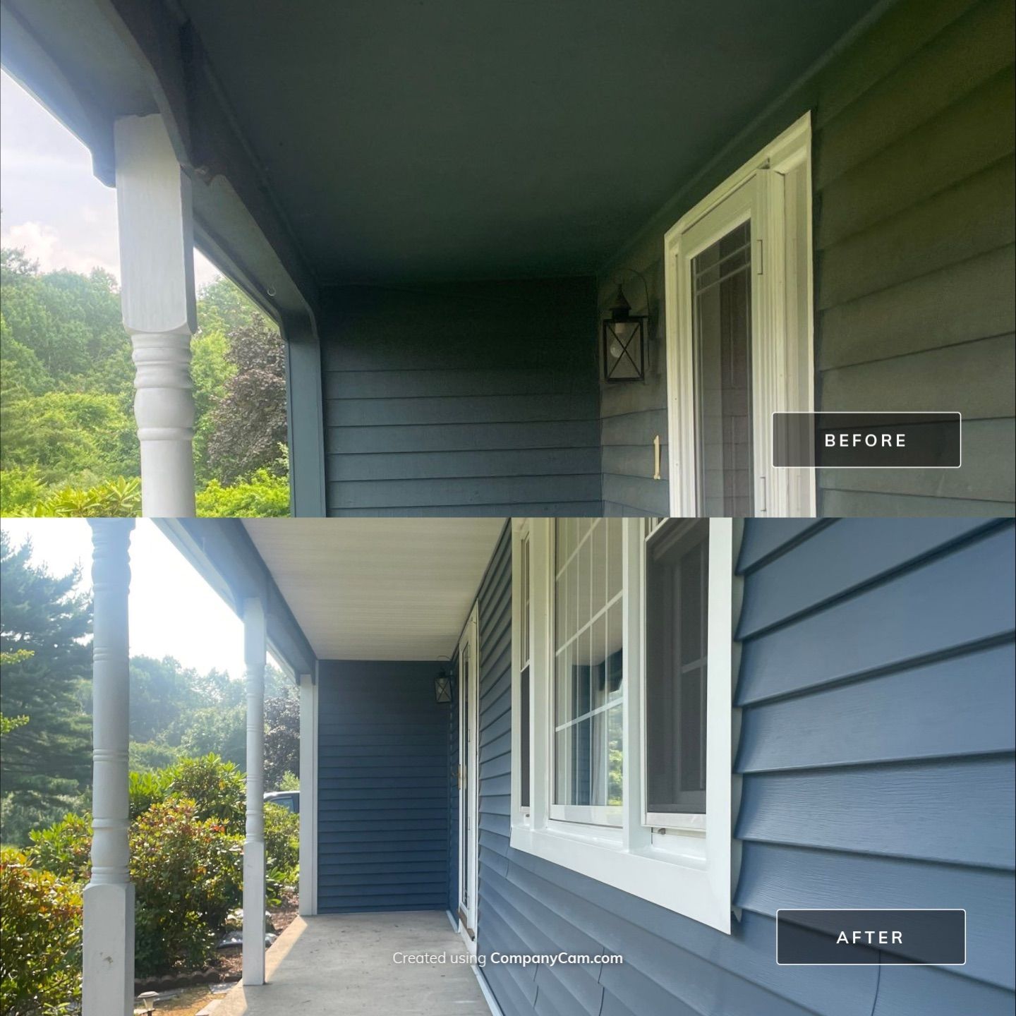 Before and after photos of a house porch exterior being repainted from a dark charcoal to a blue-gray color.