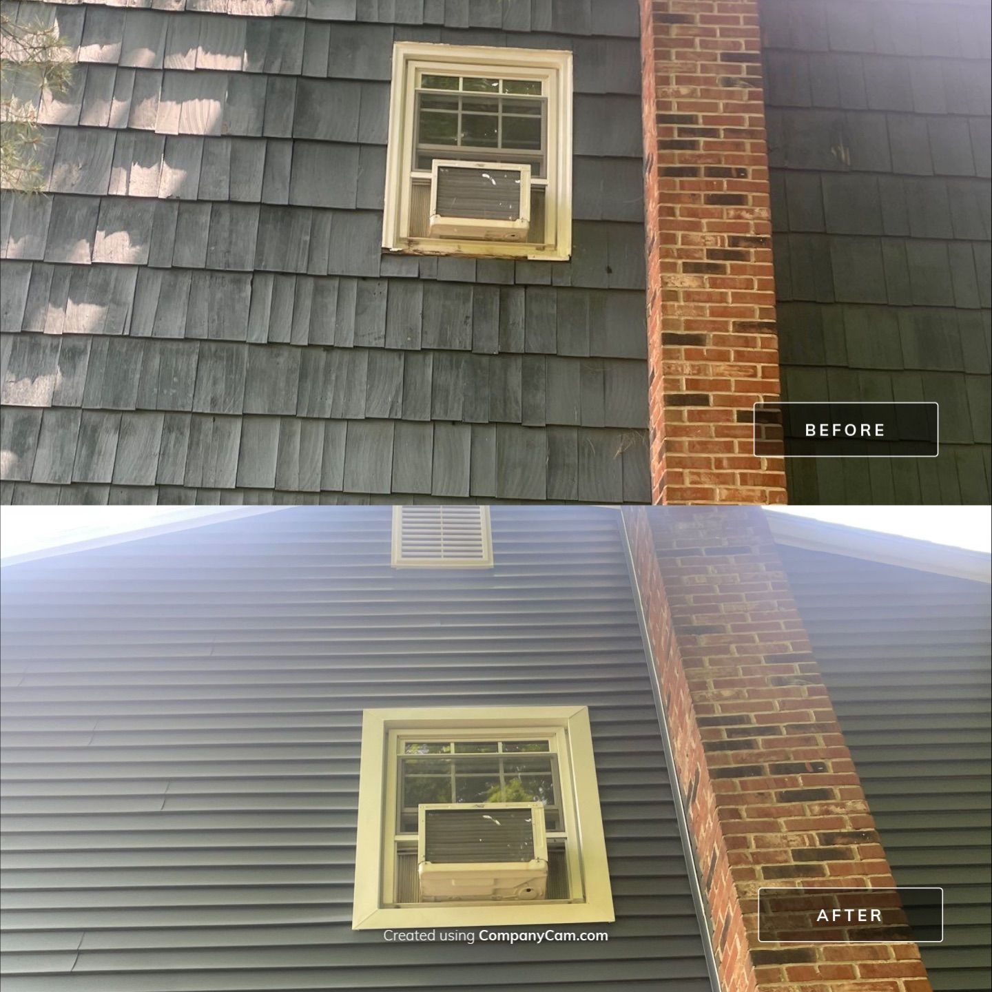 A before and after comparison of a house exterior showing old shingles replaced with new horizontal siding.