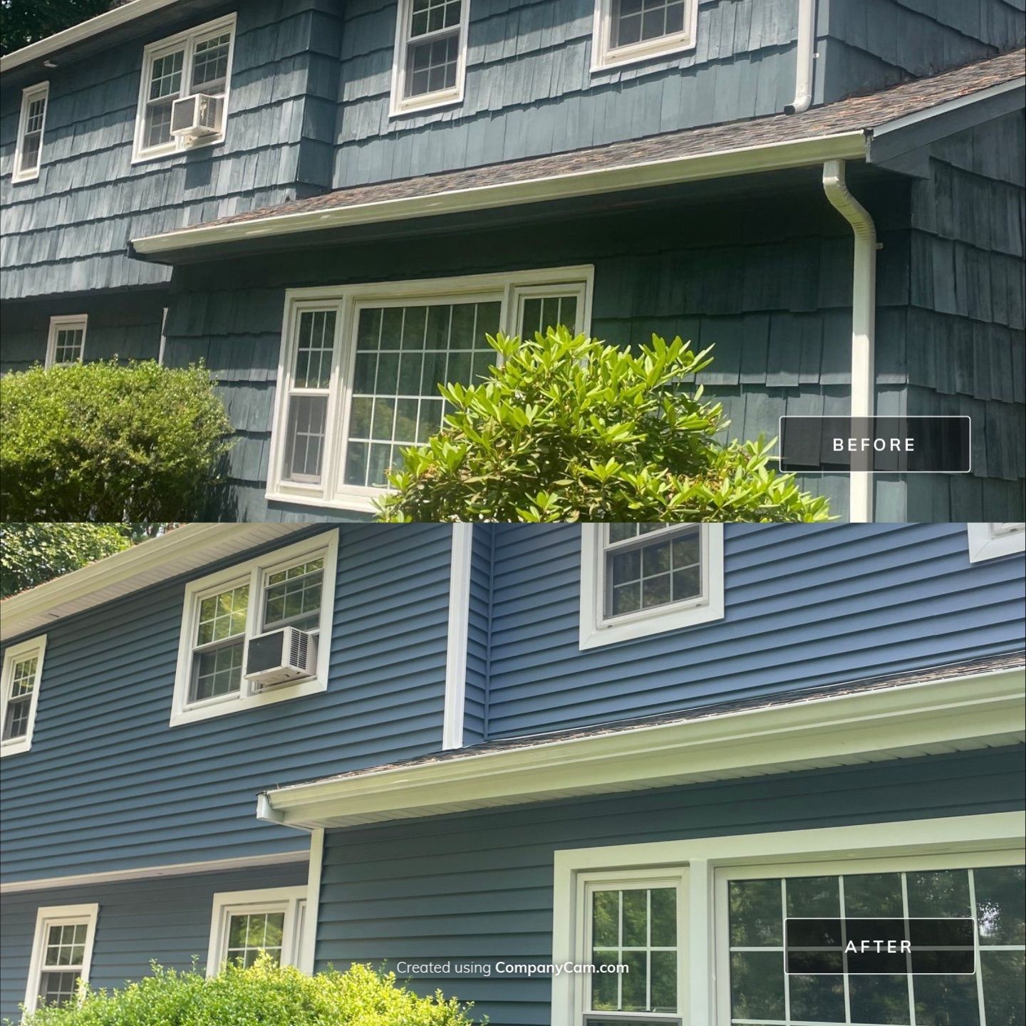 A split-screen comparison showing a house with dark shingle siding before and after being updated with blue lap siding.