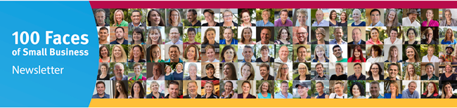 A collage of 100 faces of small business owners for a newsletter, with a blue and pink banner.