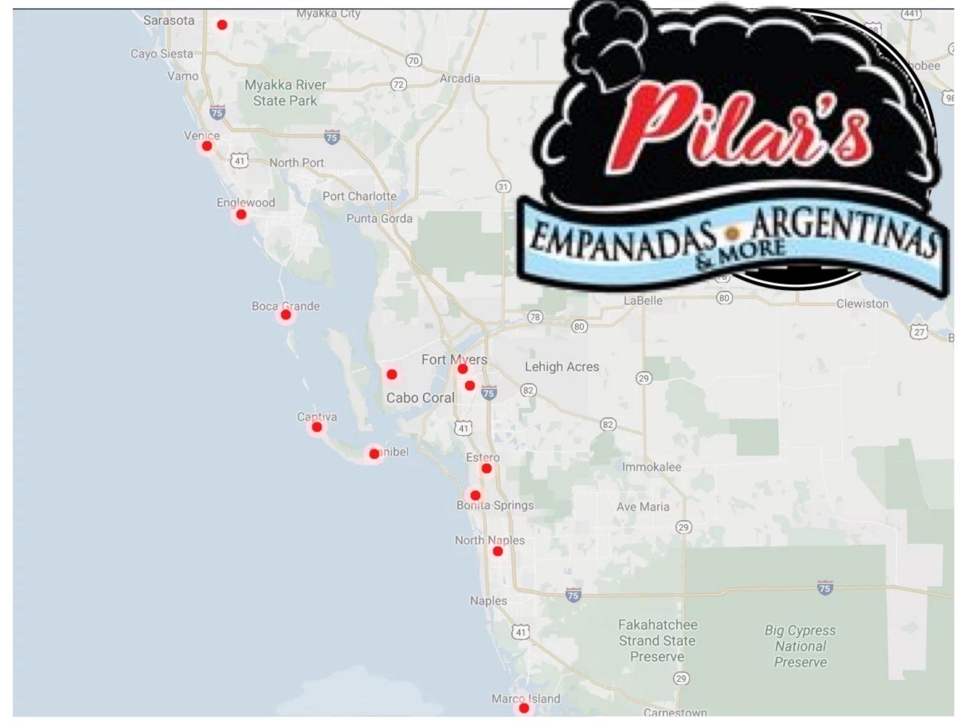 Map showing locations of Pilar's Empanadas & Argentinas restaurants, primarily along Florida's west coast.