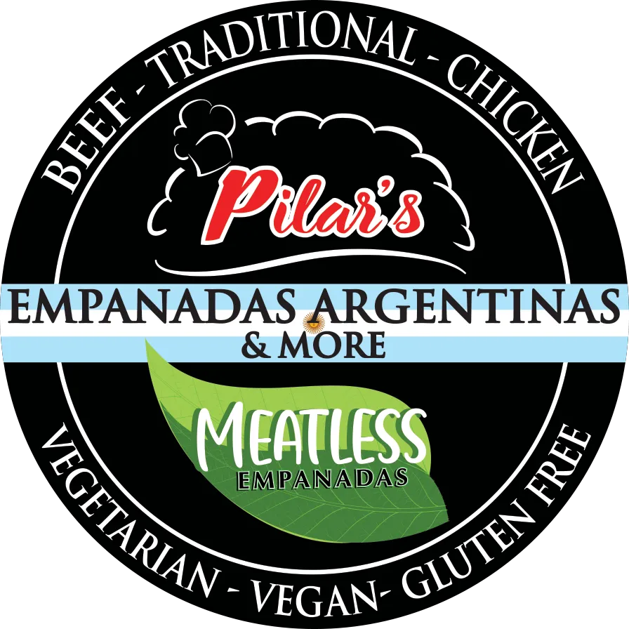 Circular logo: Pilar's Empanadas, beef, chicken, vegetarian, vegan, gluten free. Features a chef's hat and a green leaf.