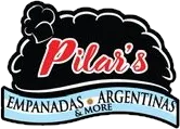 Logo for Pilar's Empanadas Argentinas: Black background with red text and a chef's hat, with a light blue banner.