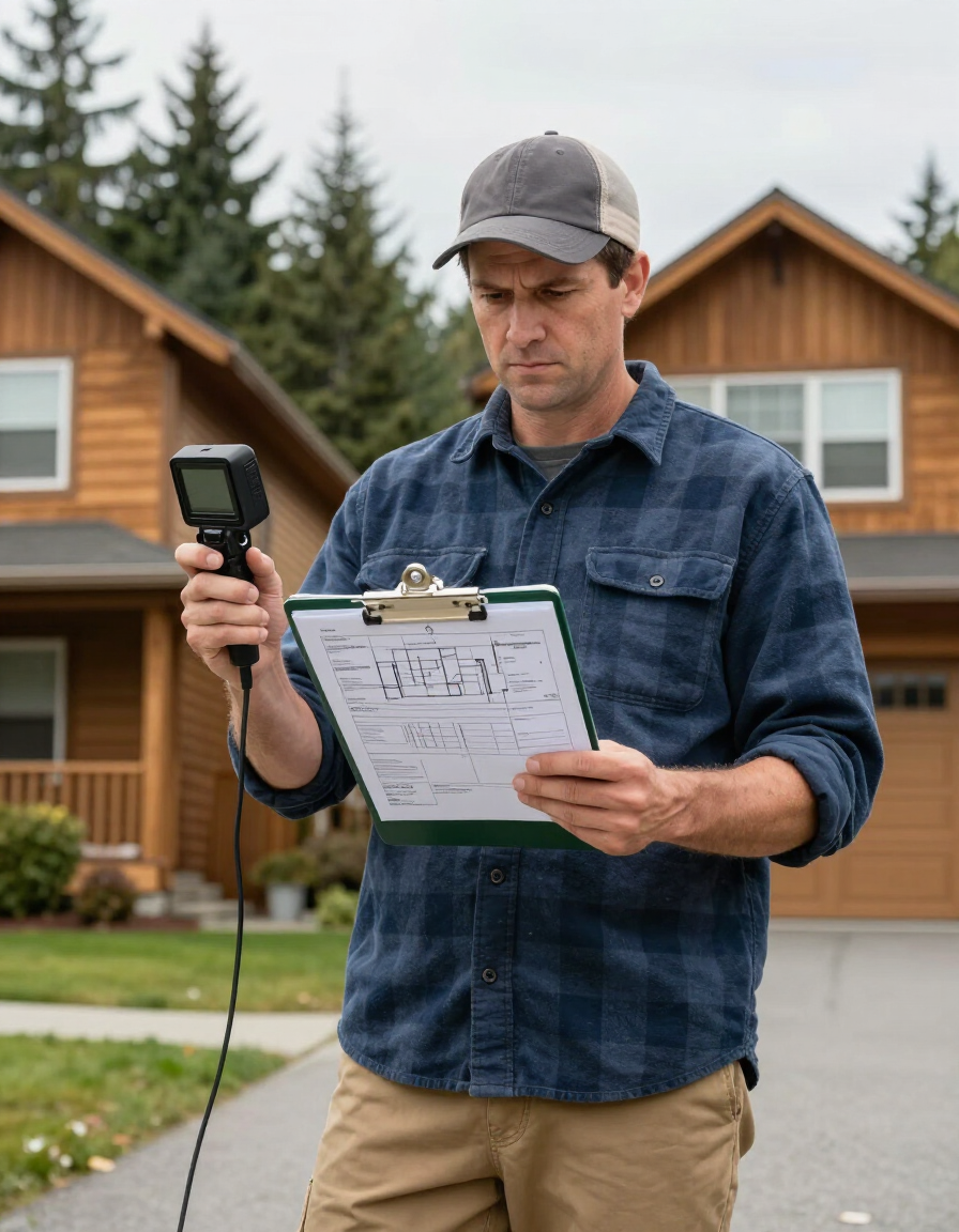 Raburn Contracting crew member reviewing a sewer assessment on site