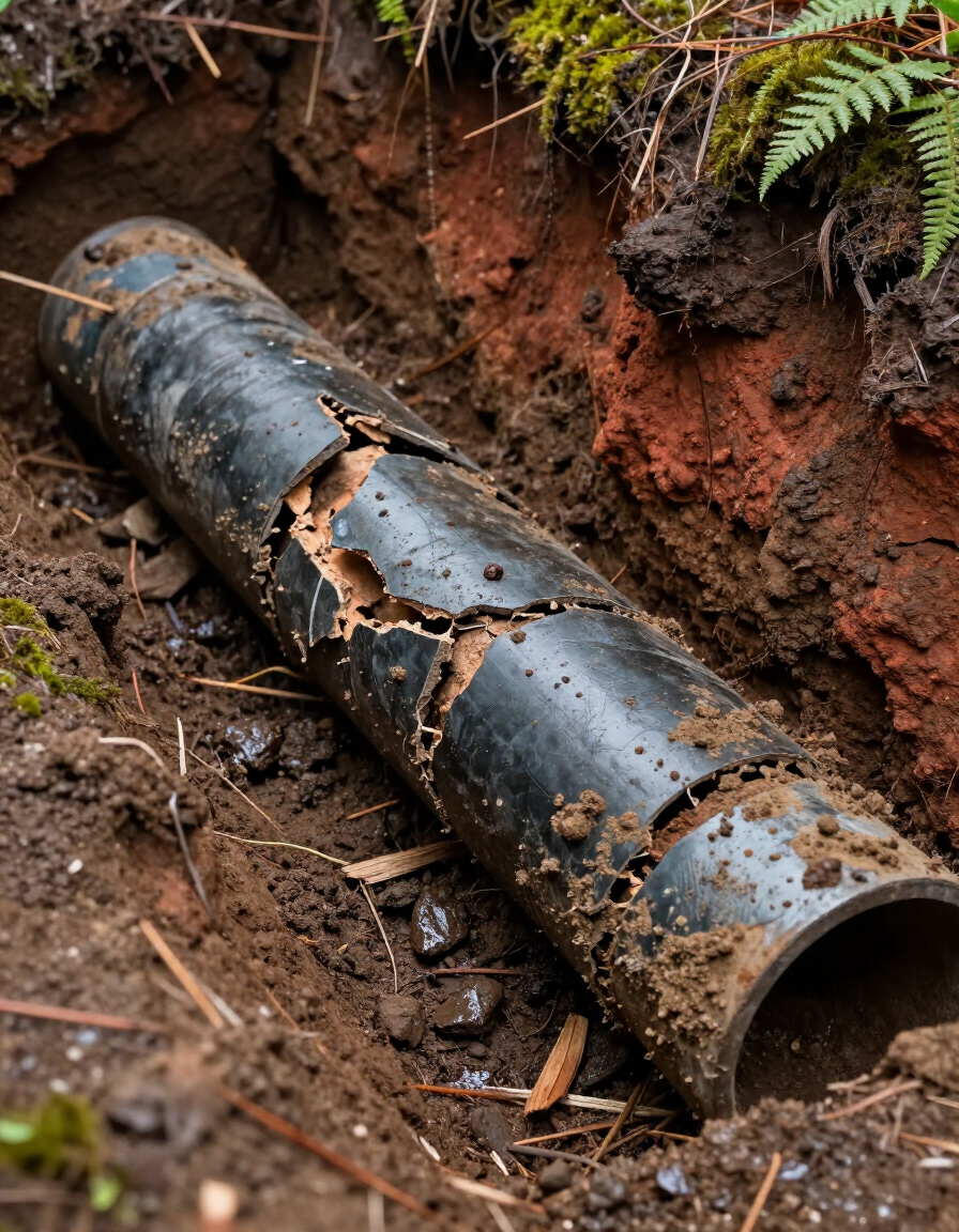 Cracked residential sewer lateral in an excavated trench