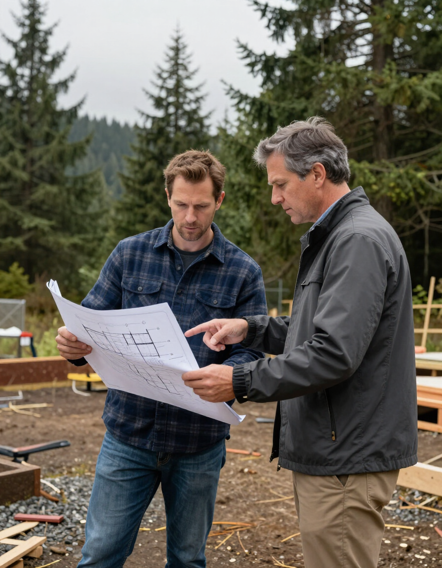 Ryan Raburn reviewing project plans with a property owner on a Pierce County job site