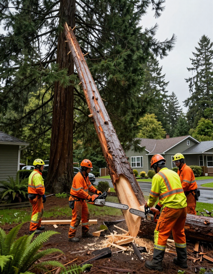 Tree removal crew working on residential lot in Western Washington