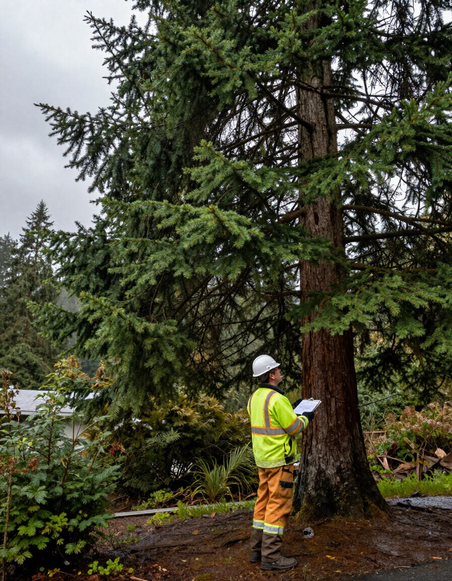 Contractor assessing tree on Western Washington property