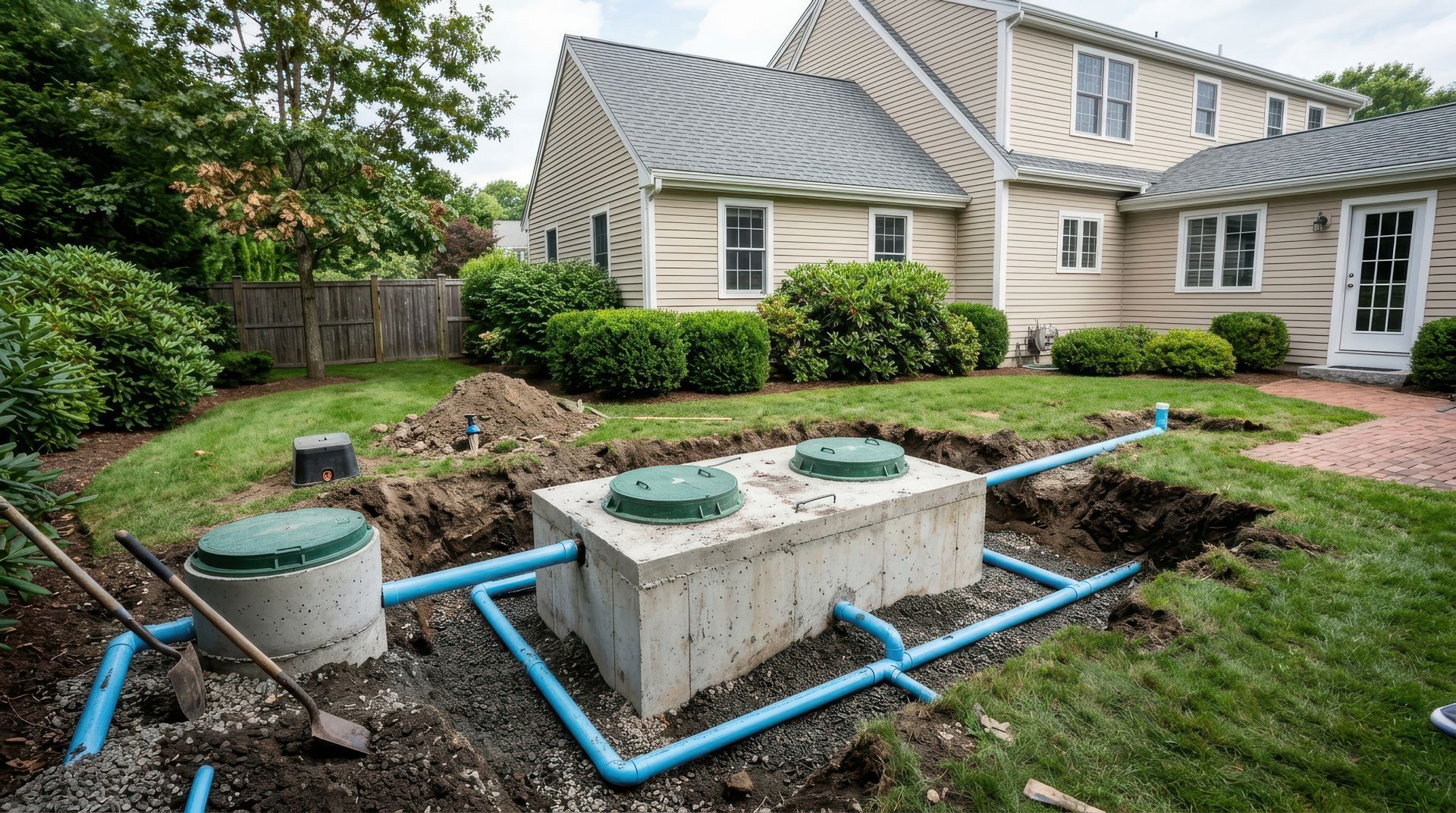 Backyard utility tanks and blue pipes beside a house, with a small lawn and shrubs