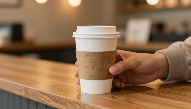 Una mano sostiene un vaso blanco de café para llevar sobre un mostrador de madera en una cafetería.