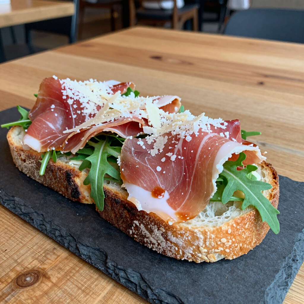 Crostini de rúcula con prosciutto y queso rallado sobre una tabla de pizarra, servido en una mesa de madera.
