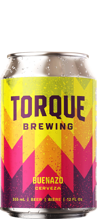 A can of torque brewing buenazo cerveza on a white background