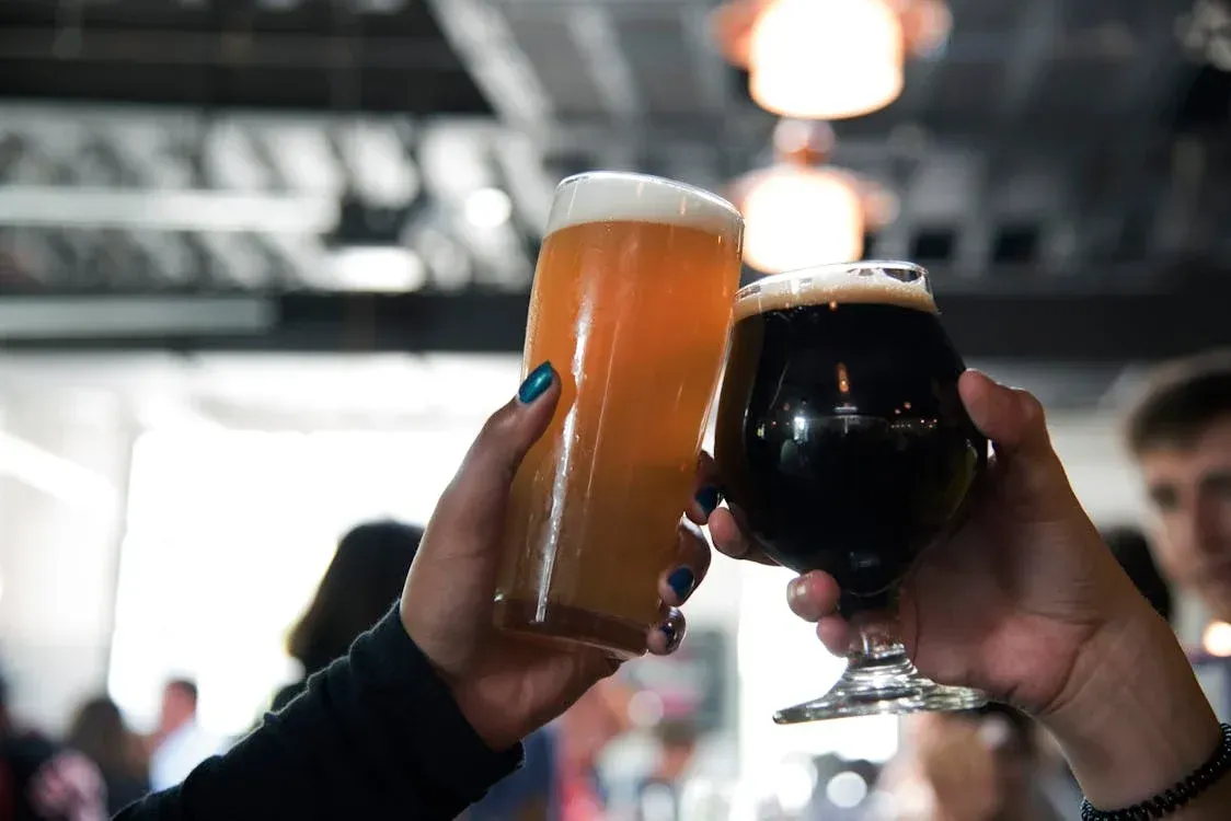 Two people are toasting with two glasses of beer.