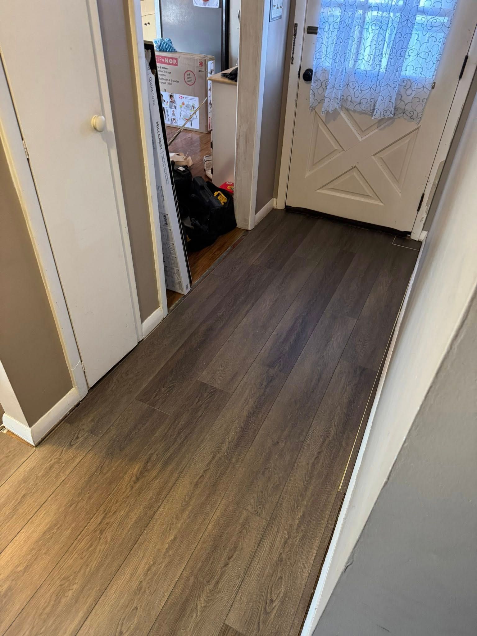 Hallway with wood flooring, white doors, and a front door with patterned glass curtains.