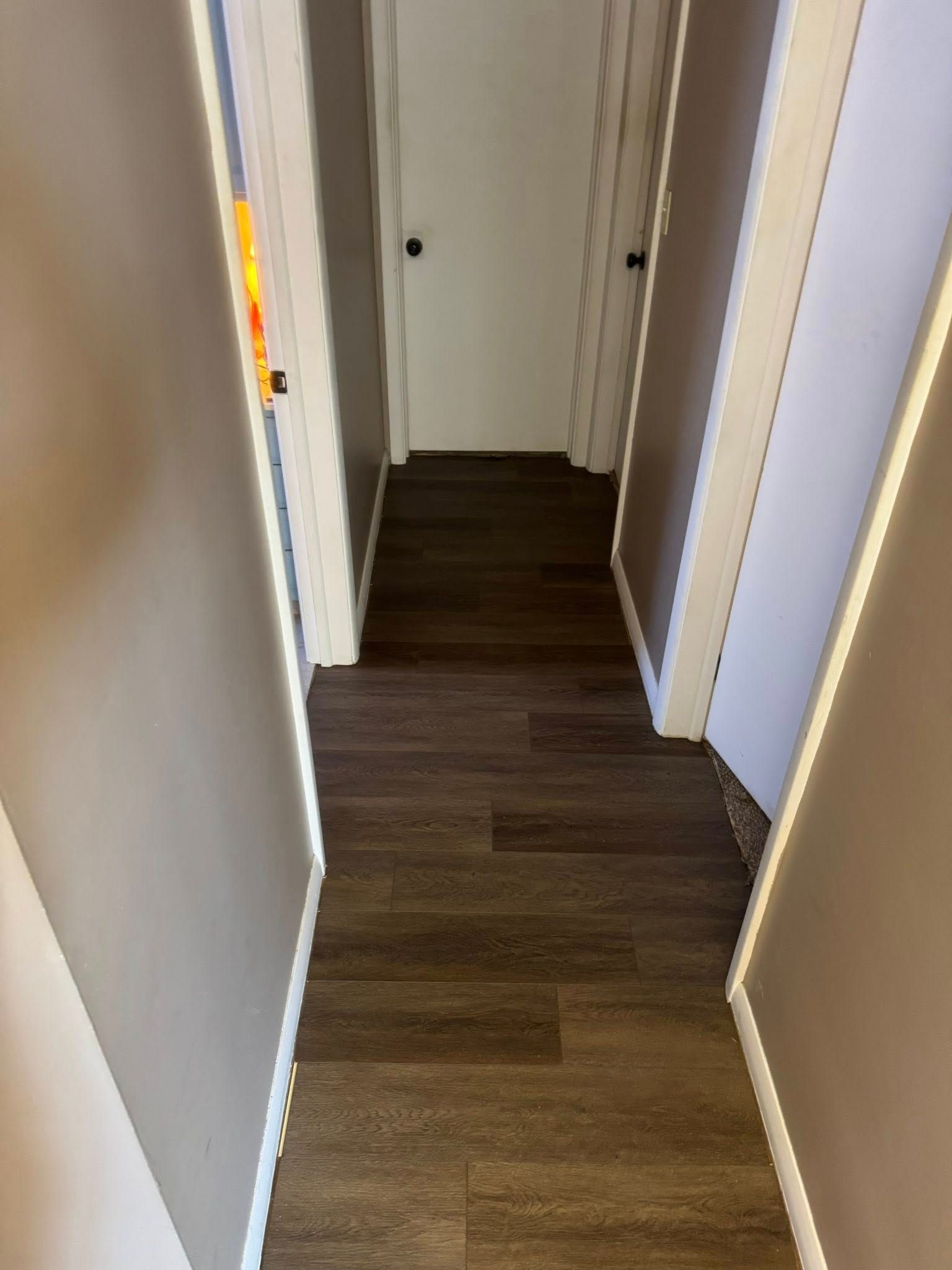 Narrow hallway with dark wood flooring and white doors, leading to a closed door at the end.