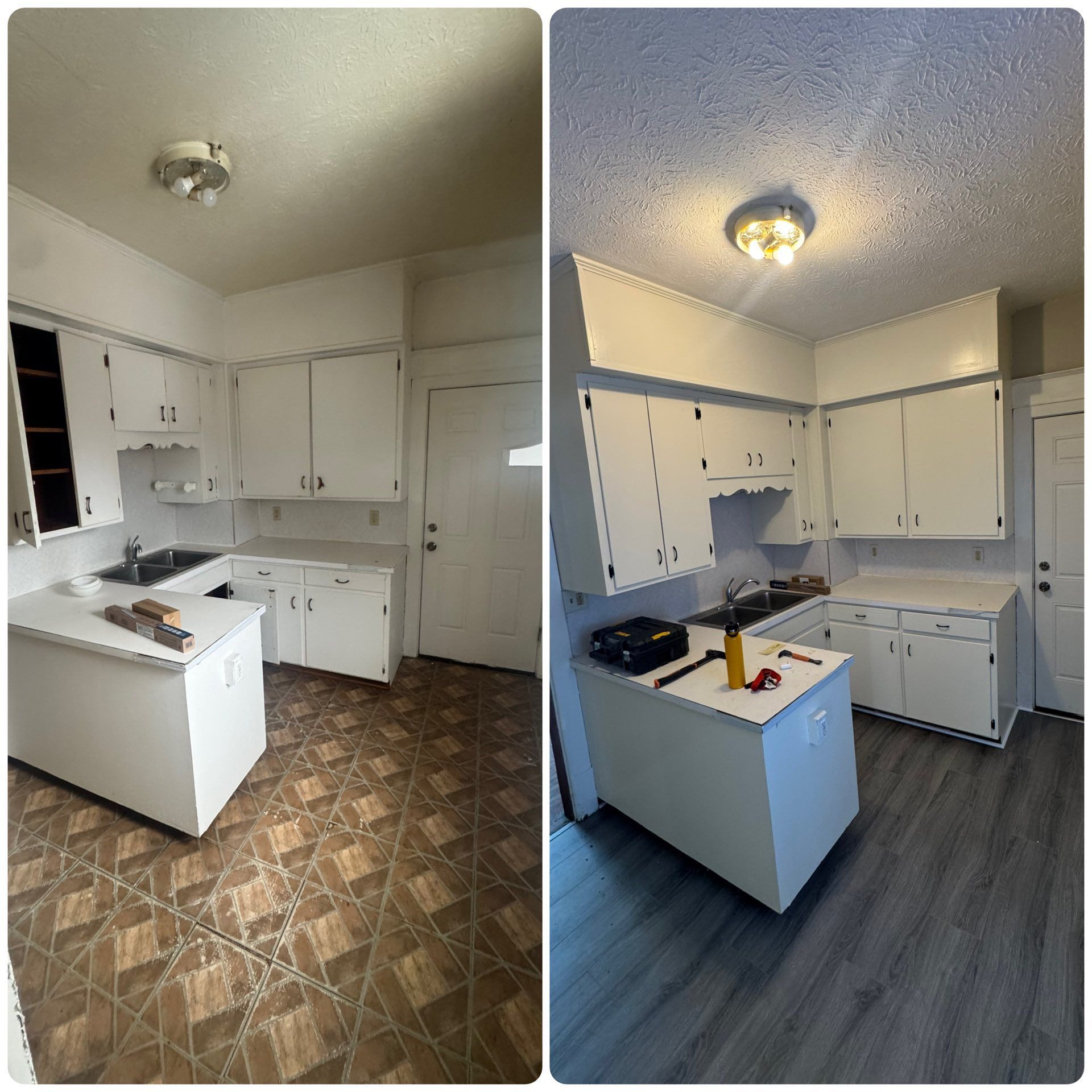 Before-and-after view of a small kitchen with white cabinets, updated flooring, and a new ceiling light