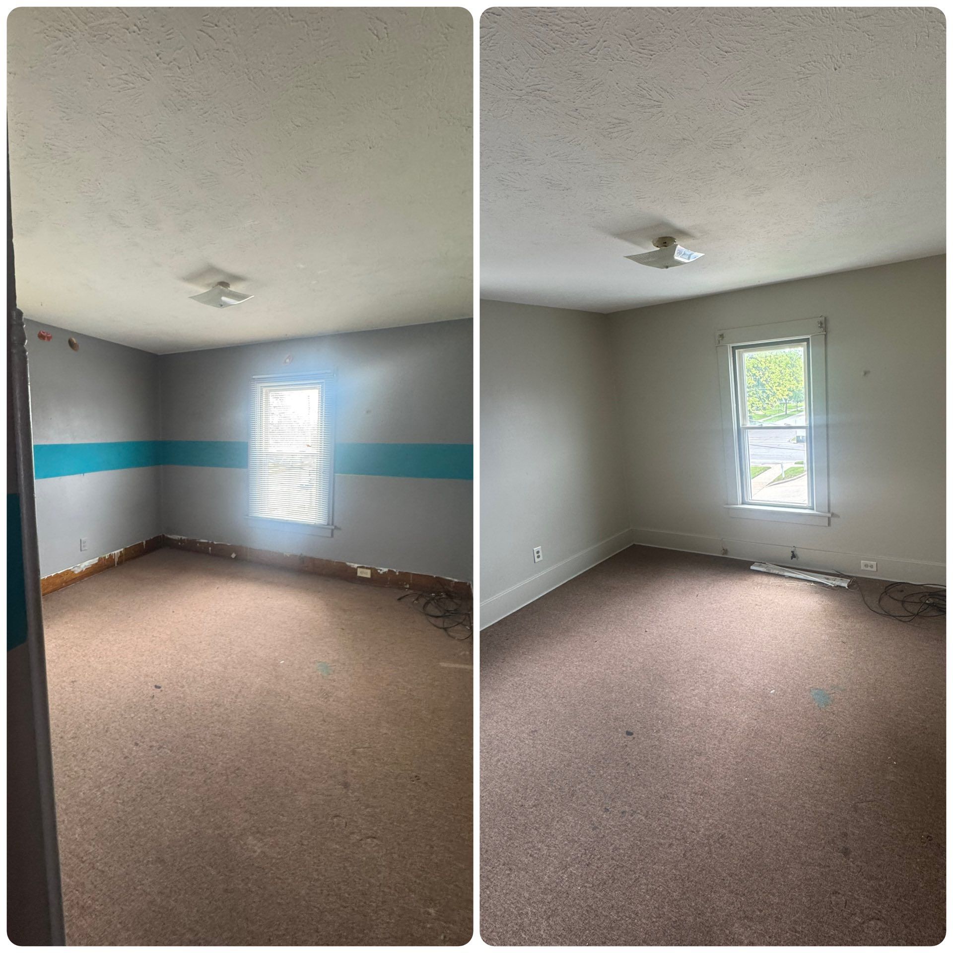 Empty bedroom with beige carpet and gray walls, shown in before-and-after views with a blue accent stripe removed.