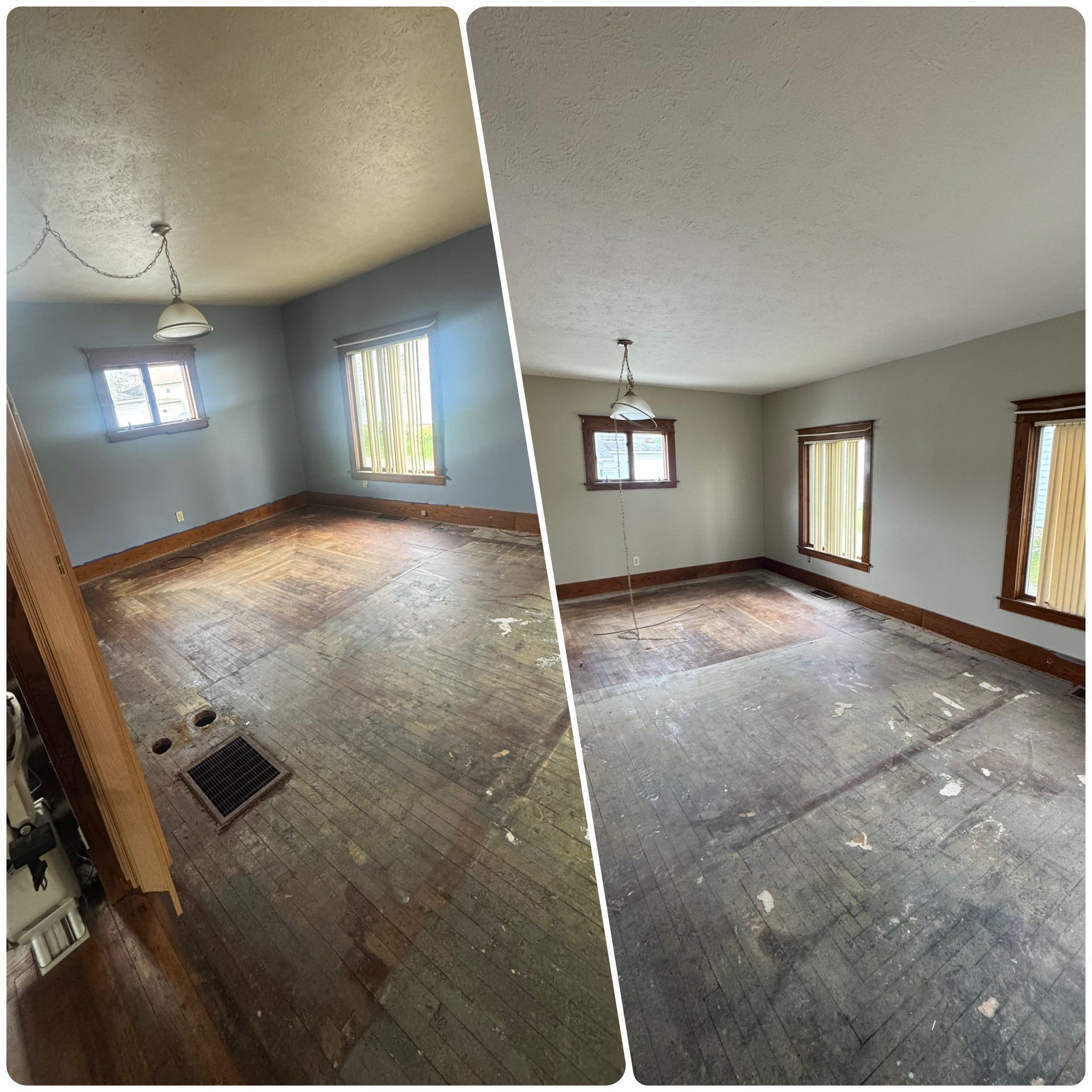 Split view of an empty room with blue-gray walls, wood trim, windows, and worn hardwood floors.