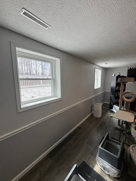 Narrow gray room with two windows, wall trim, and storage items along the right side.