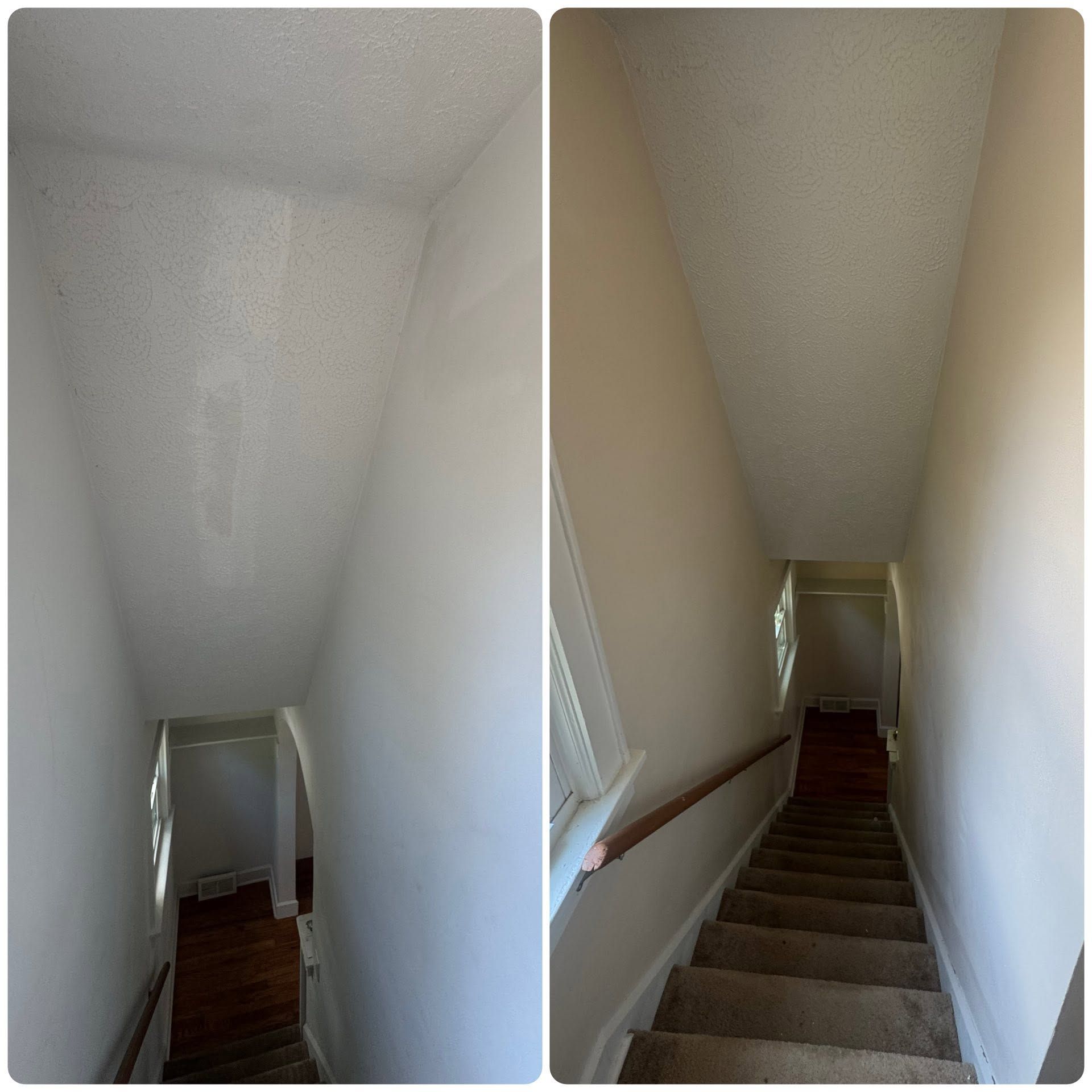 Steep carpeted staircase with beige walls and a sloped ceiling, viewed from top and bottom.