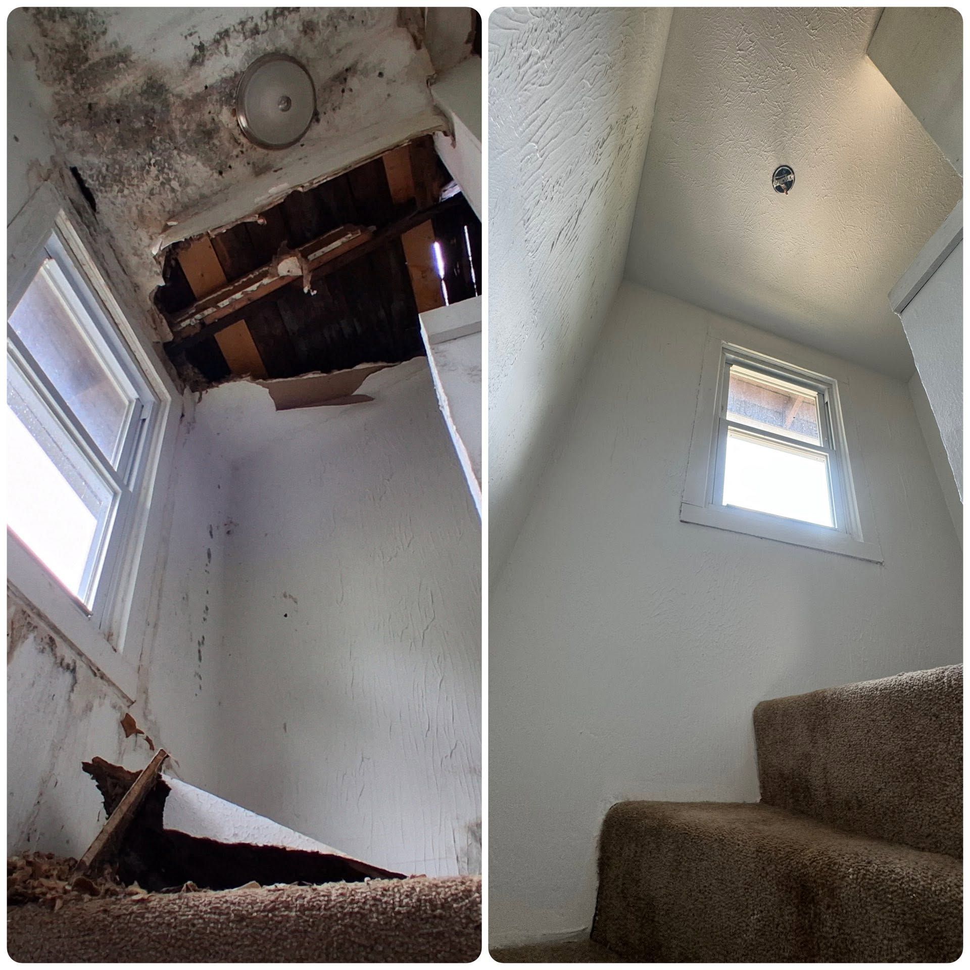 Staircase with cracked ceiling and damaged insulation, viewed from below with two small windows.