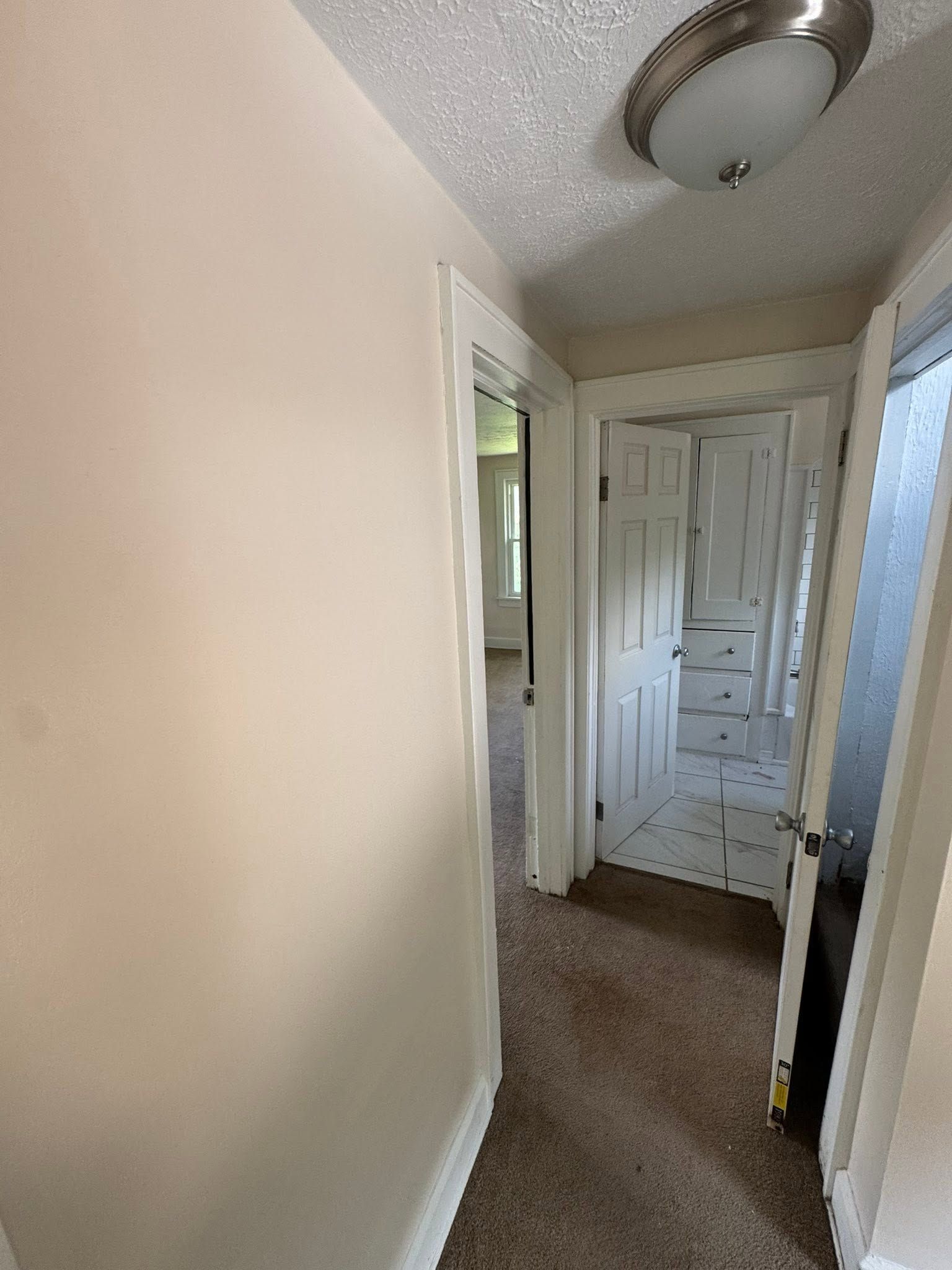 Narrow hallway with beige walls, carpet, a ceiling light, and white doors at the end.
