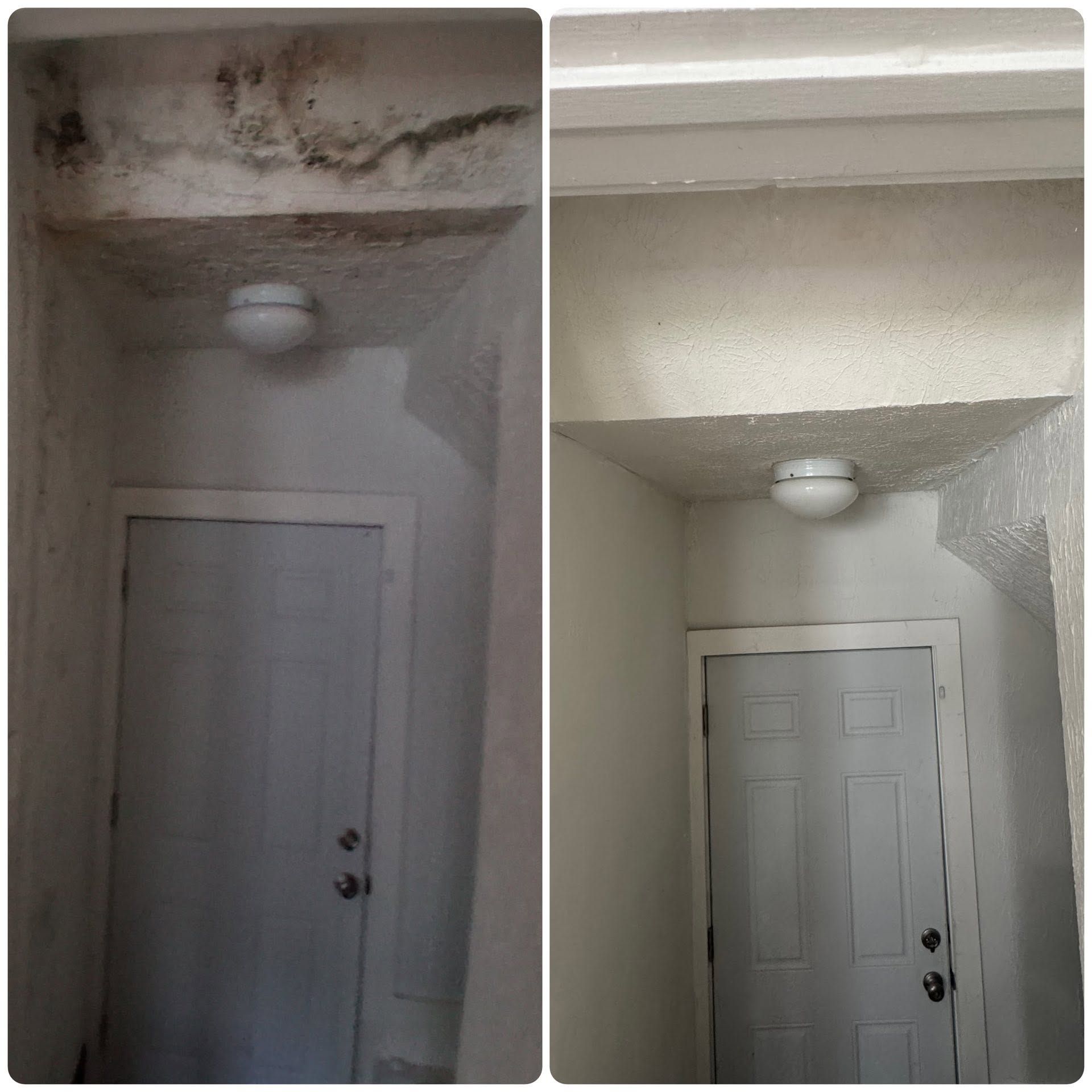 Ceiling above a doorway before and after water damage repair, showing stained then cleaned plaster.
