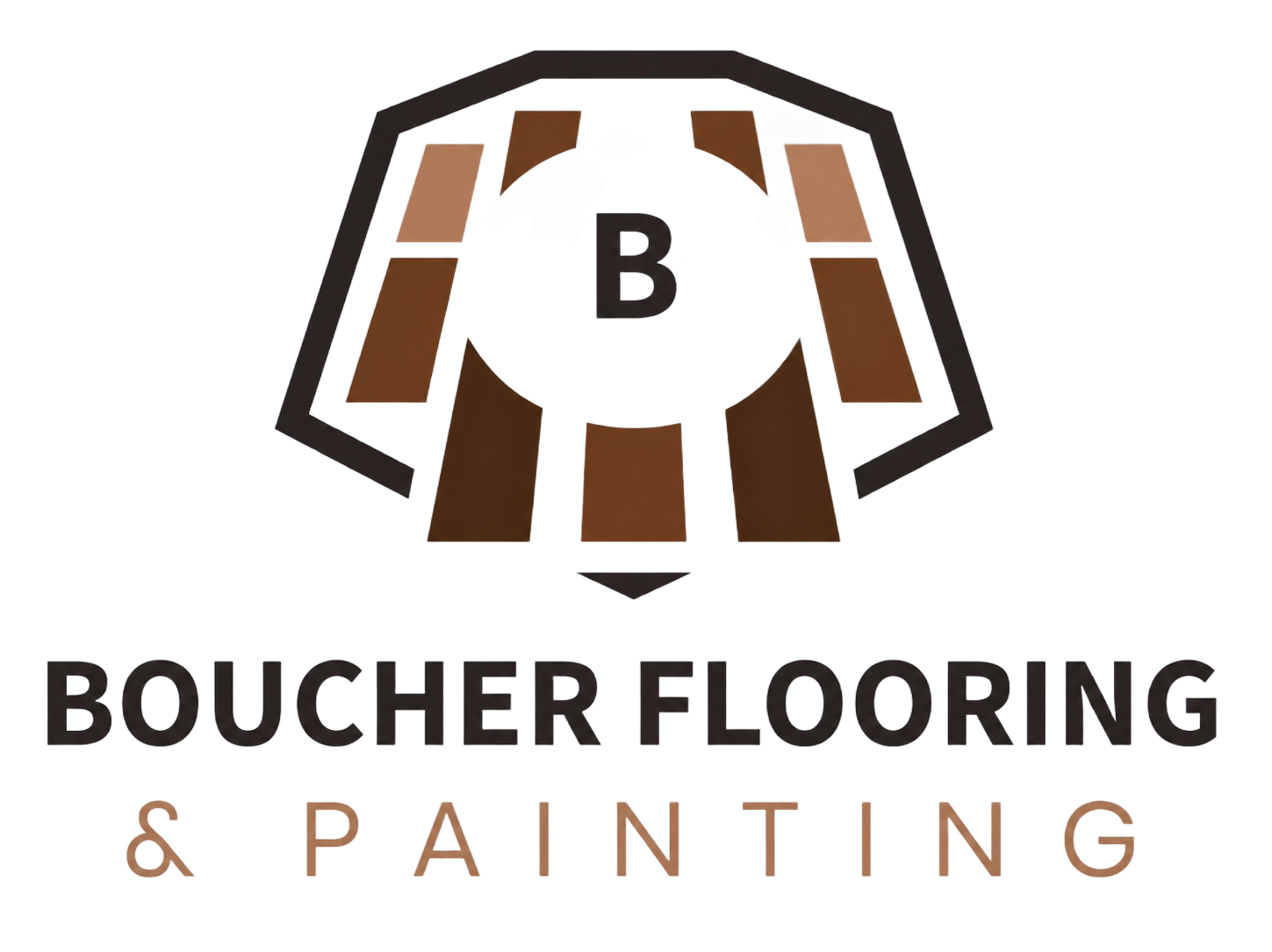 Boucher Flooring & Painting logo with stylized brown house roof and letter B