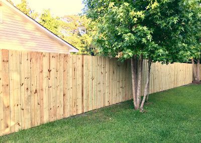 Wooden fence along a lawn, next to a house and trees, green and tan colors.