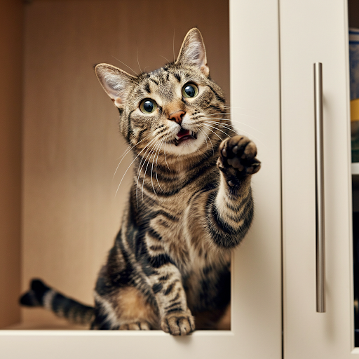 Tabby cat pawing at a dangling measuring tape on an open cabinet door.