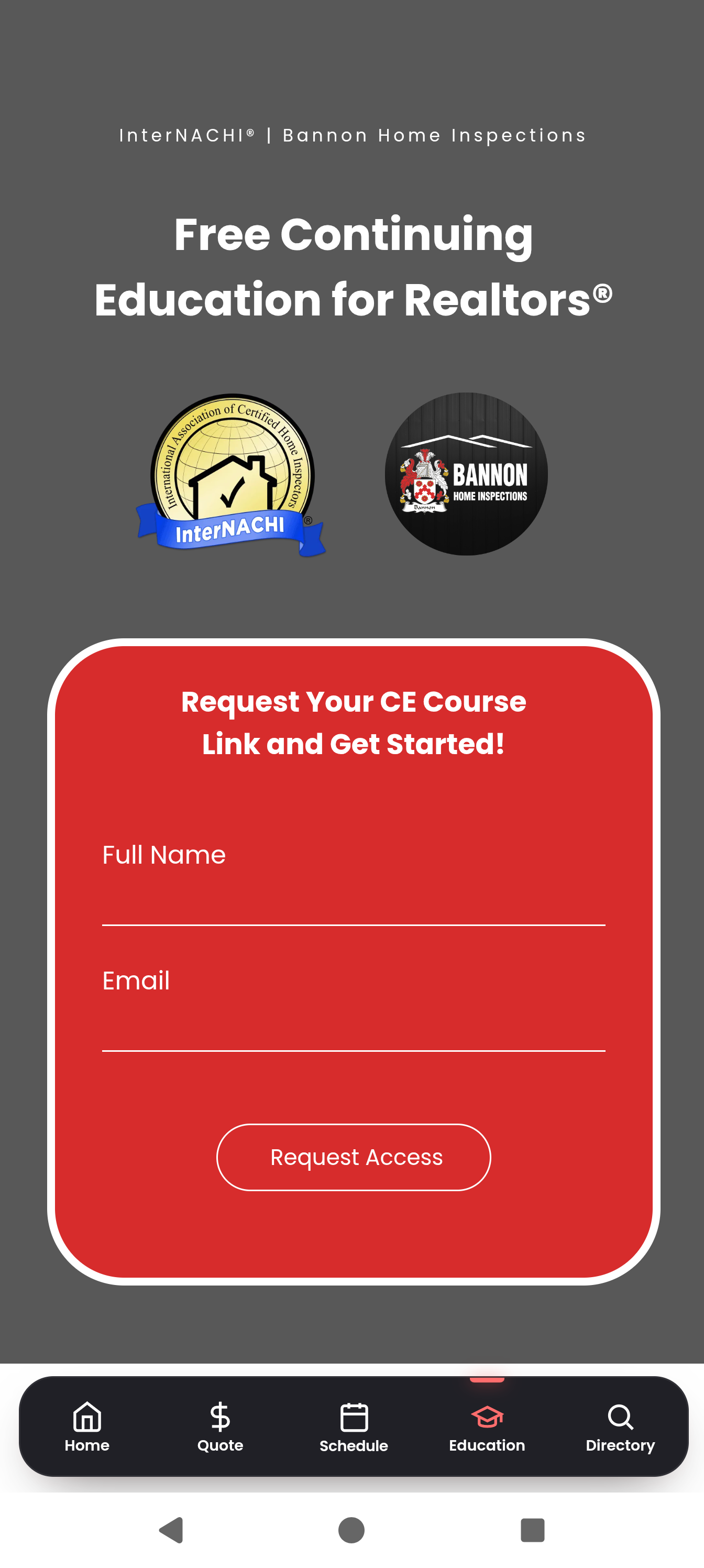Bannon Home Inspections app continuing education screenshot