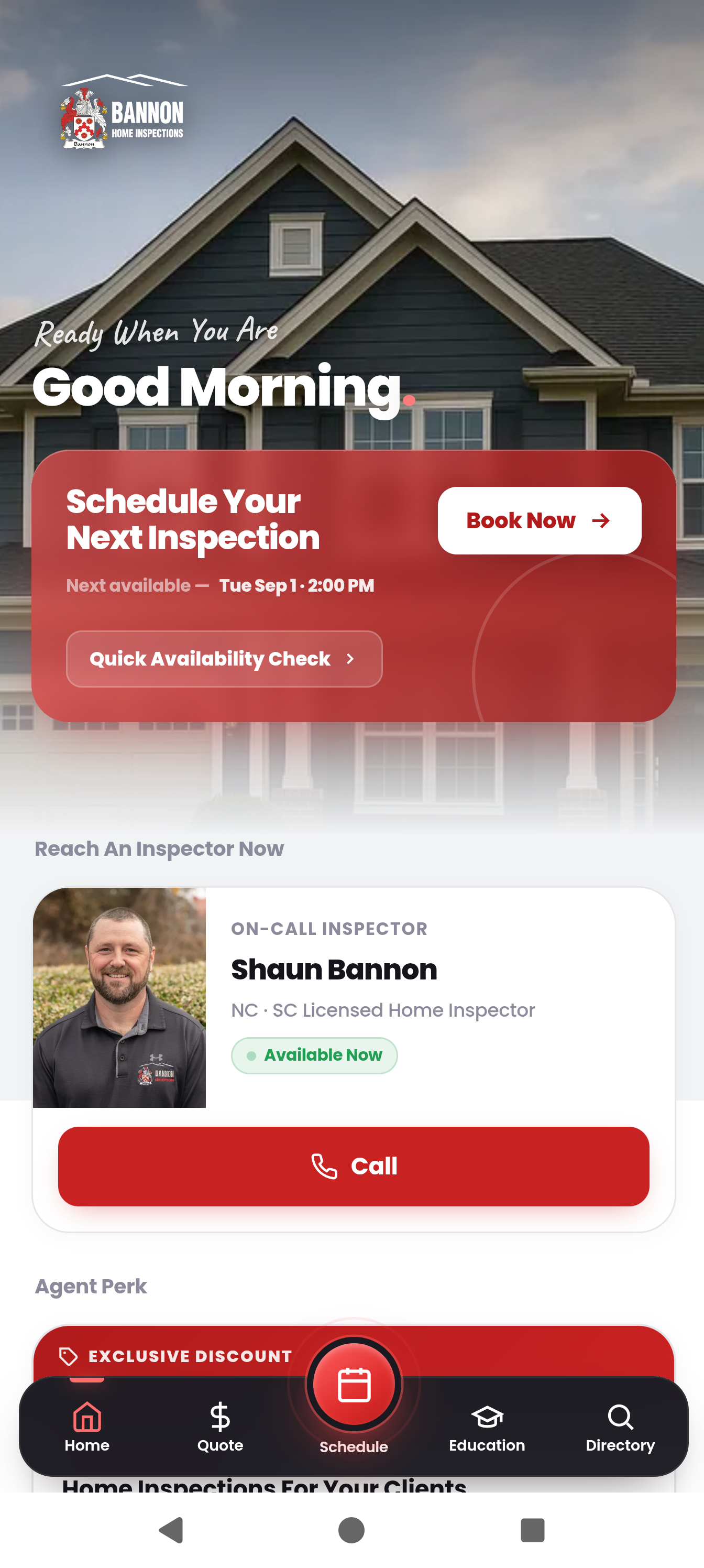 Bannon Home Inspections app main page screenshot