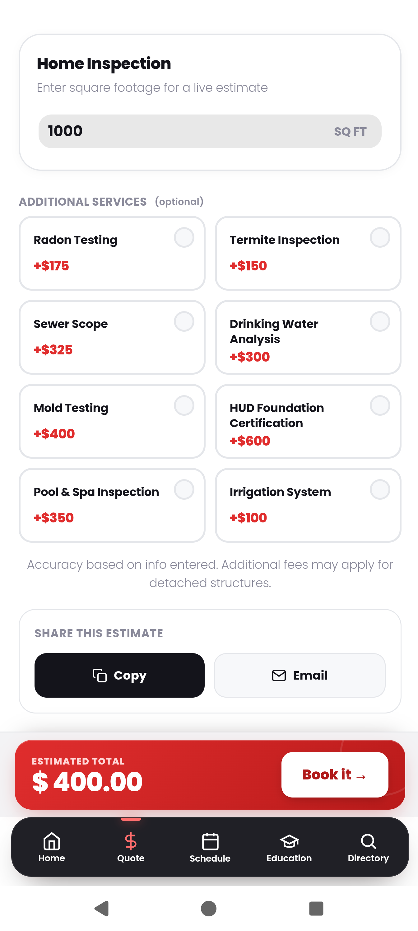 Bannon Home Inspections app pricing calculator screenshot