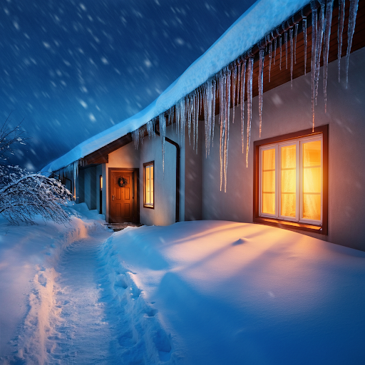 A snow-covered home with icicles hanging from the roofline. A path through the snow leads to the front door, and light glows warmly from the windows, contrasting with the icy exterior. This highlights insulation and heating concerns.