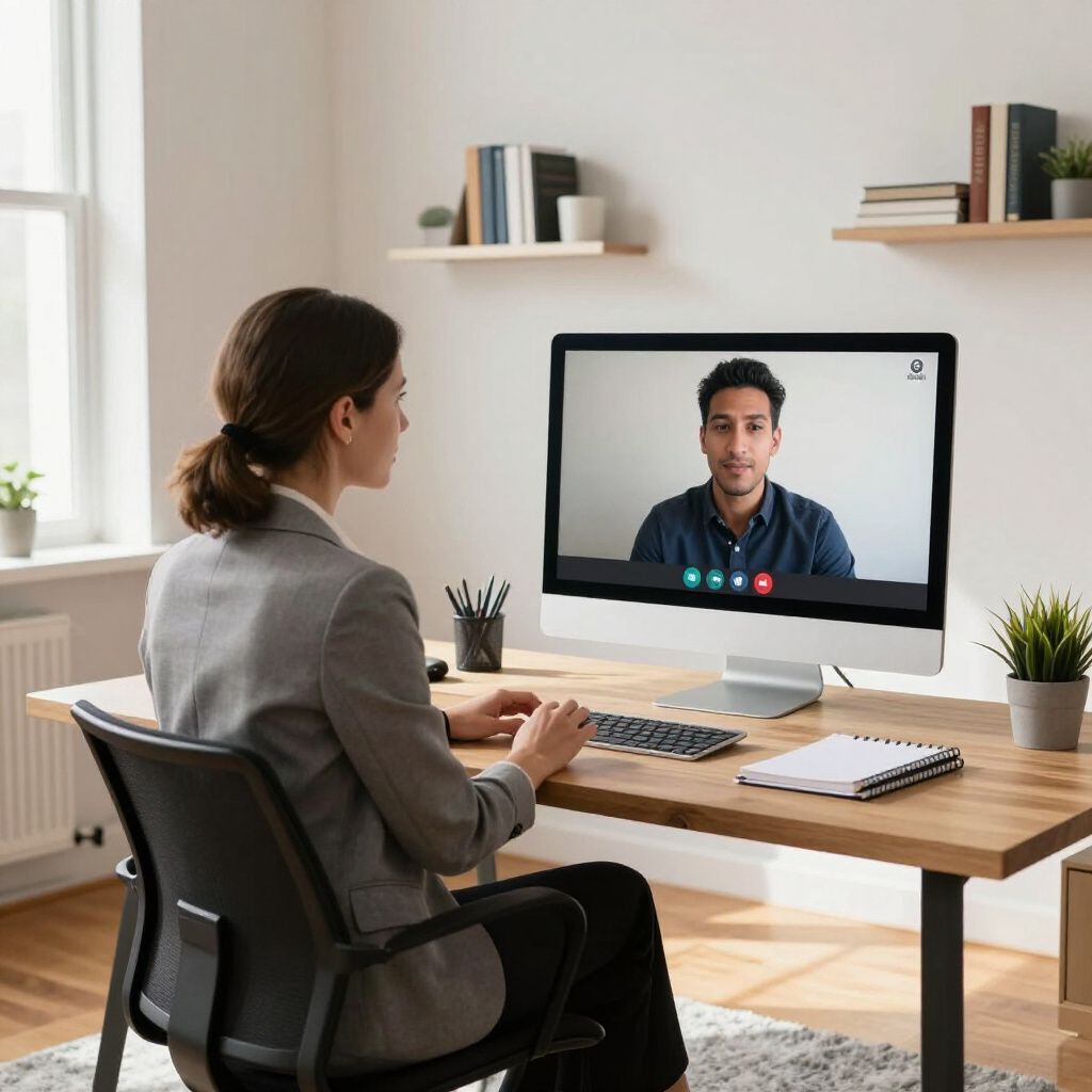 Video call between two people in a bright home office, with one seated at a desk and the other on screen